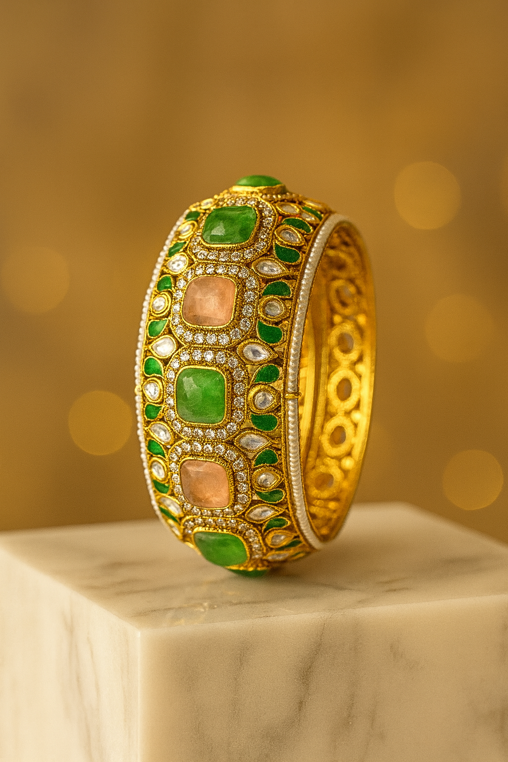 Royal Enamel Polki Bangle with Emerald & Peach Accents