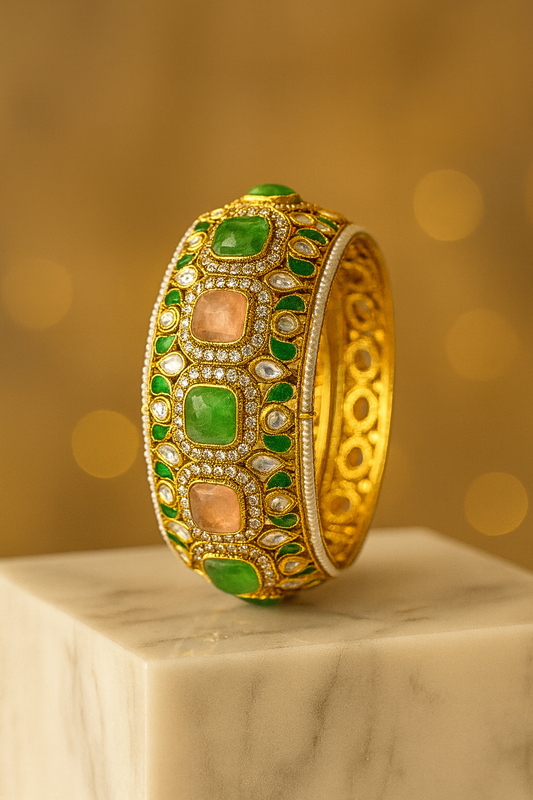 Royal Enamel Polki Bangle with Emerald & Peach Accents