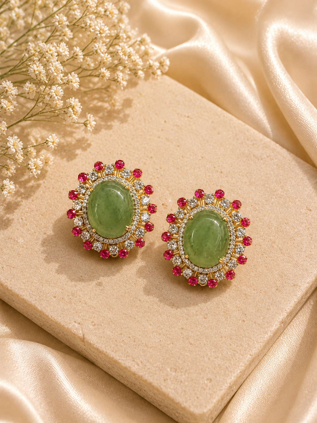 Emerald Blush Pearl Necklace & Stud Earrings Set