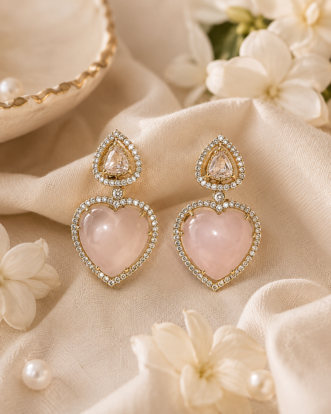 Blush Rose Quartz Heart Drop Earrings