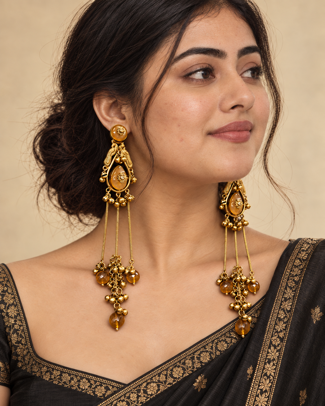 Amber Peacock Tassel Earrings