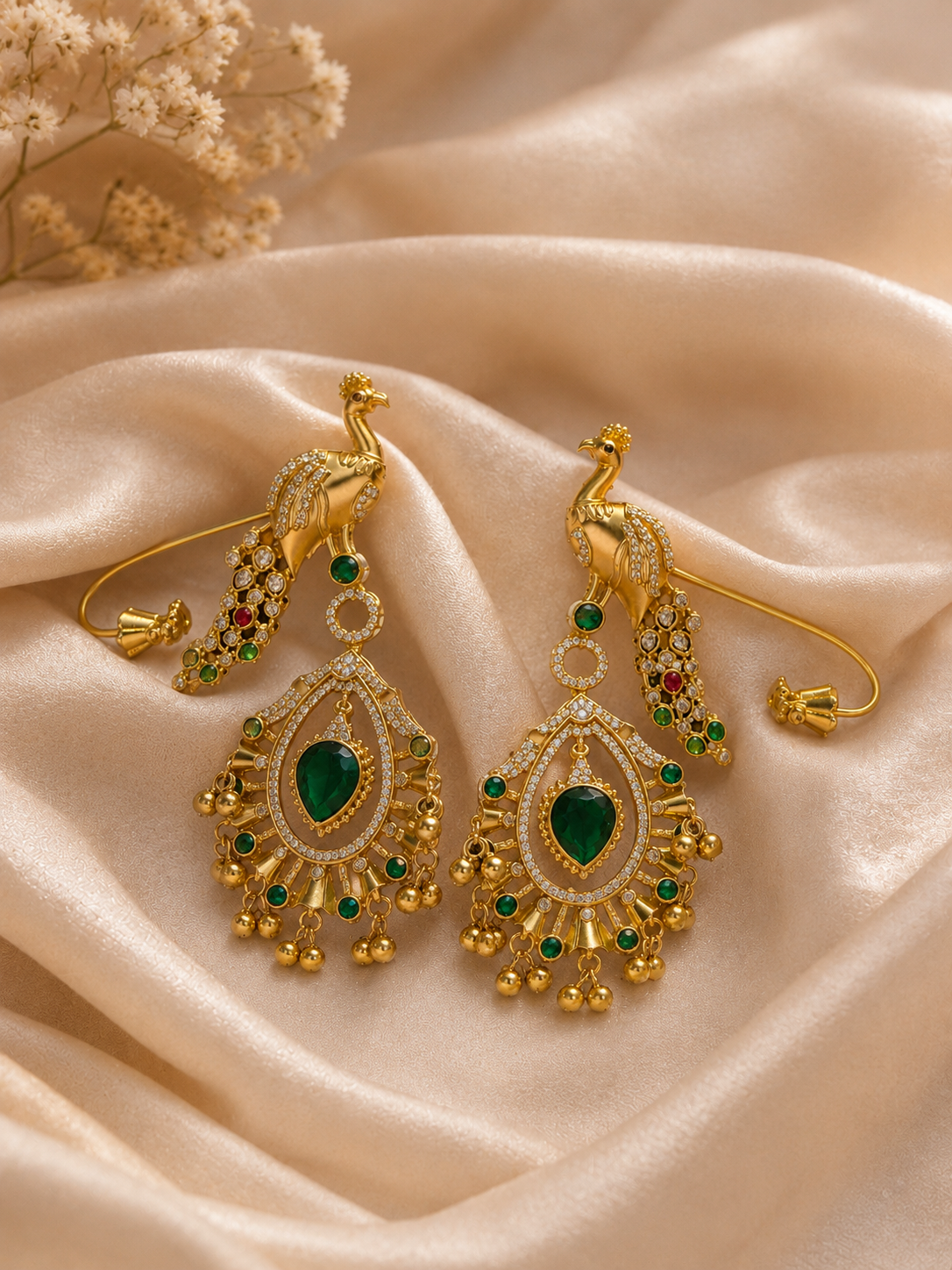 Peacock Motif Emerald Green Statement Earrings with Kundan Work
