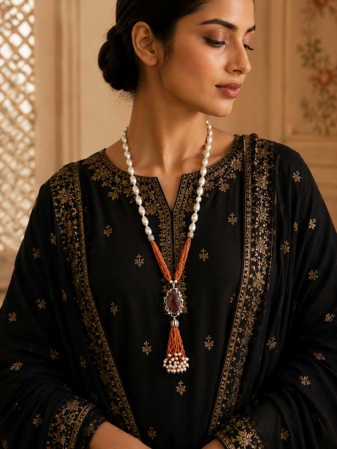 Gulnaar Peach Beaded Pearl Tassel Necklace