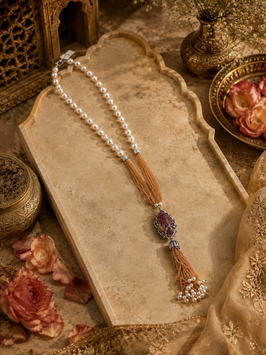 Gulnaar Peach Beaded Pearl Tassel Necklace