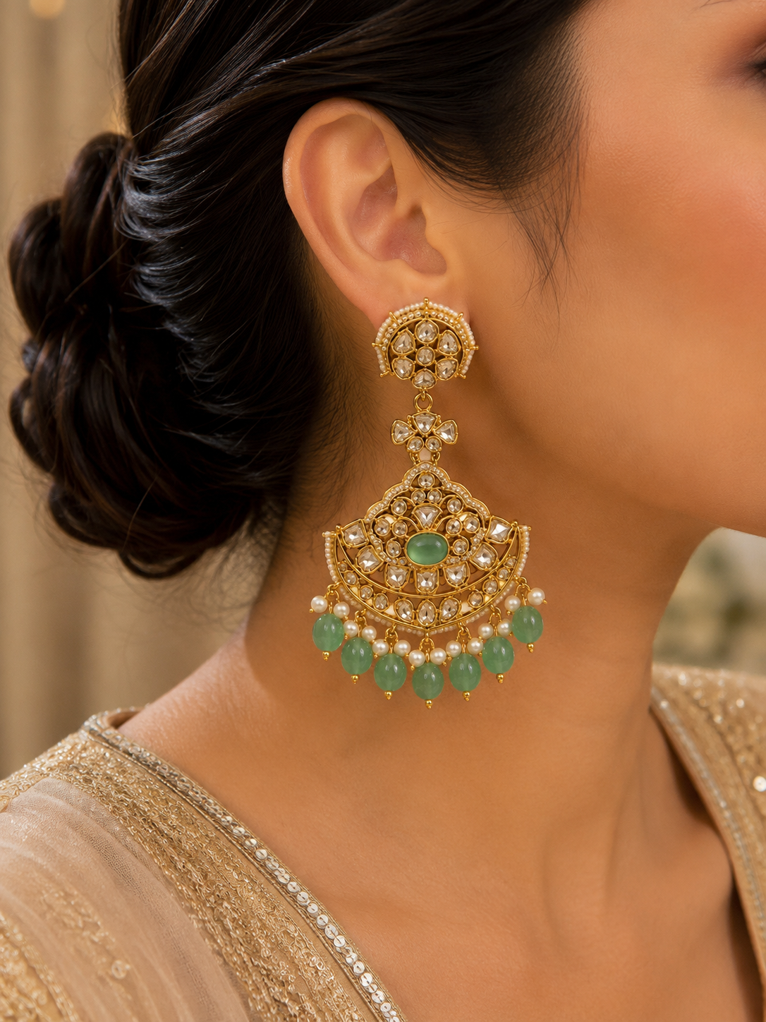 Mint Green Kundan Chandbali Earrings
