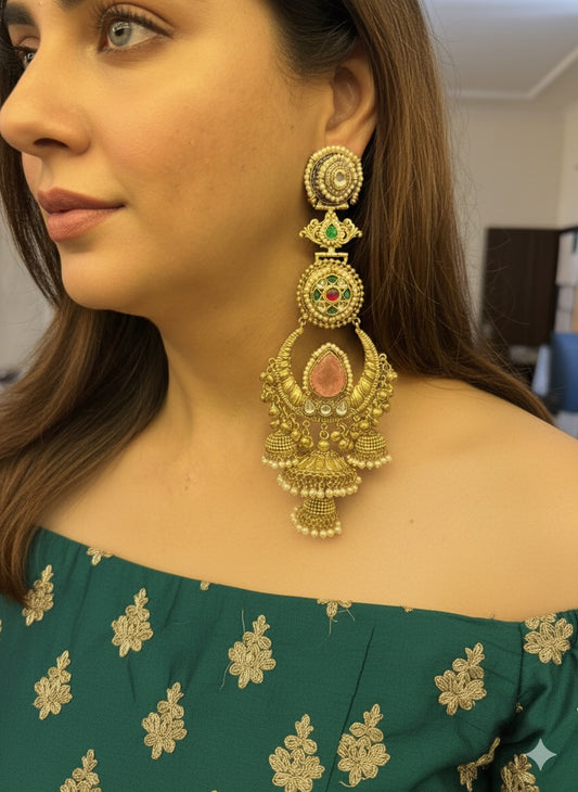 Royal Pink Kundan Chandbali Jhumka Earrings
