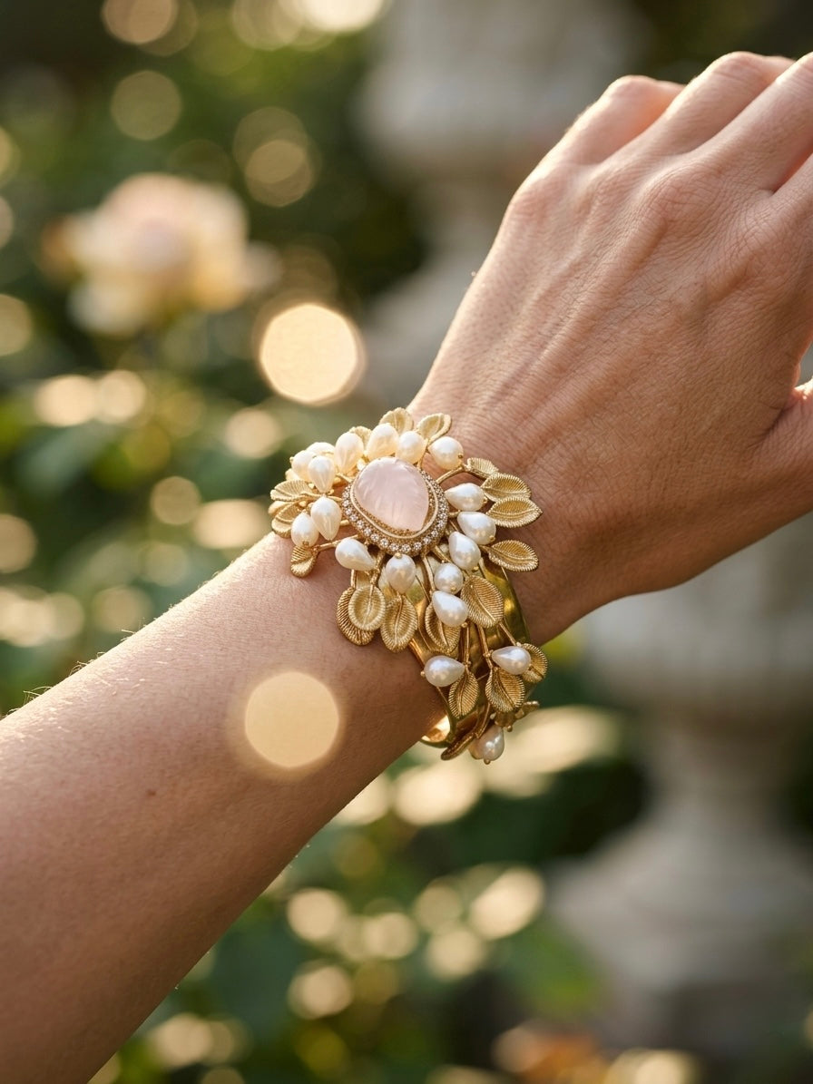Gulnaar Pearl & Rose Quartz Floral Statement Bracelet