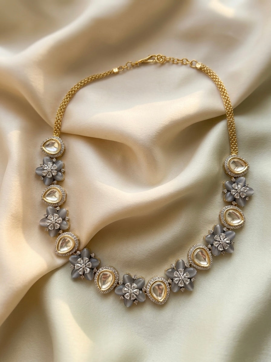 Noor Grey Floral Kundan Necklace & Earrings Set