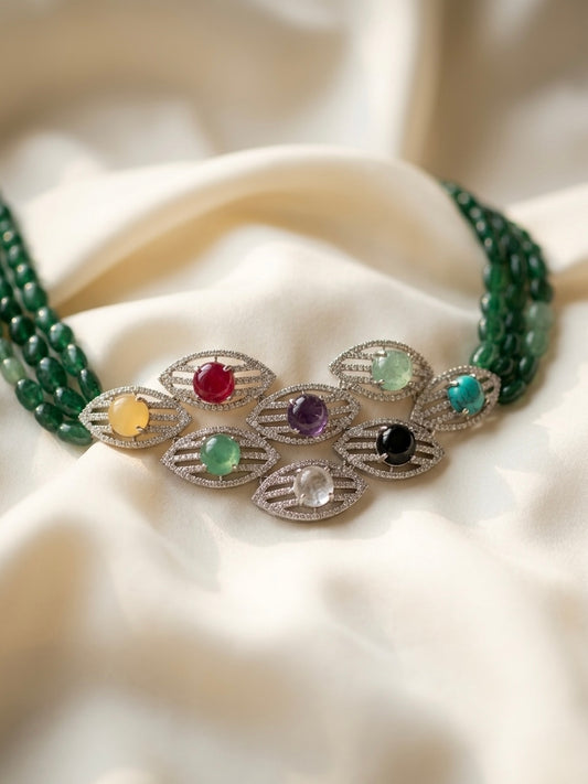 Navratan Emerald Beaded Necklace & Amethyst Earrings Set