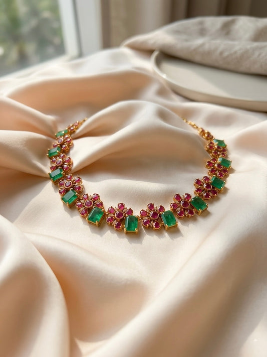Riva Emerald & Ruby Floral Necklace and Earrings Set
