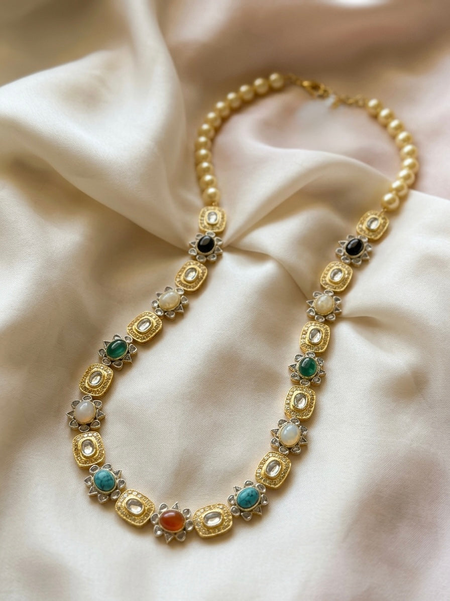 Navratan Pearl Necklace & Emerald Drop Earrings Set