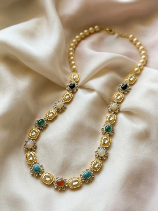 Navratan Pearl Necklace & Emerald Drop Earrings Set
