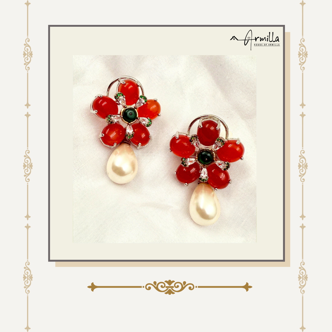 Scarlet Bloom Pearl Drop Earrings