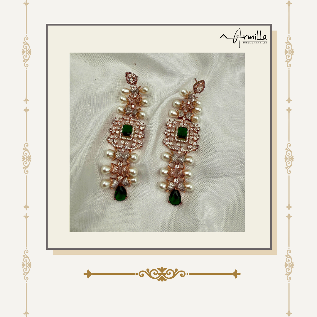 Regal Pearl & Emerald Long Earrings