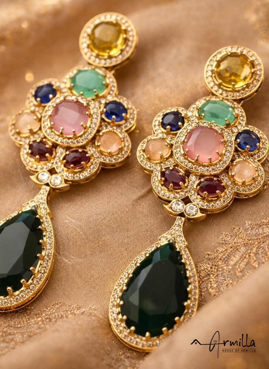 Navratan Bloom Teardrop Statement Earrings – Emerald Green & Smoky Olive