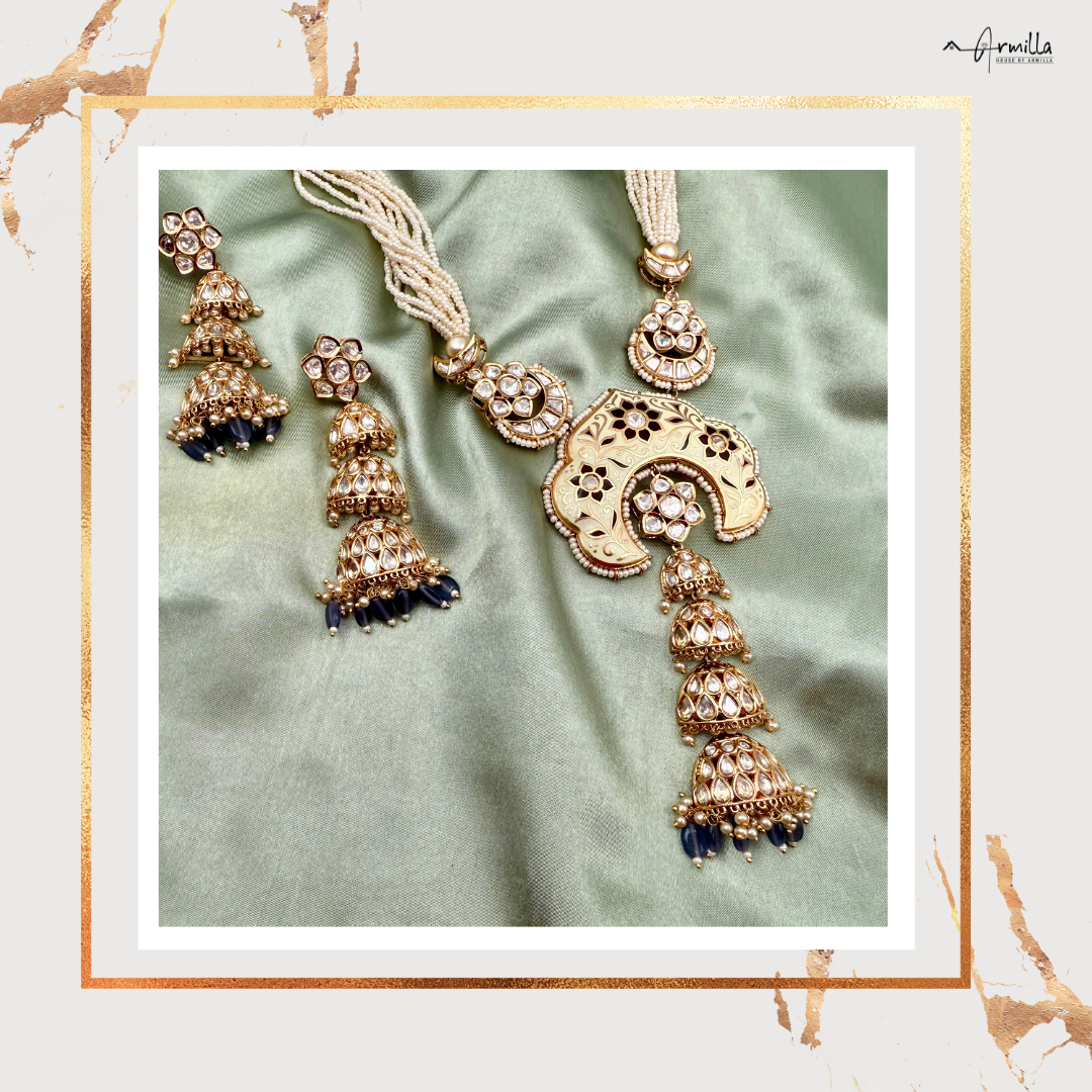 Ethereal Kundan Pearl Long Necklace Set – A Symphony of Grace