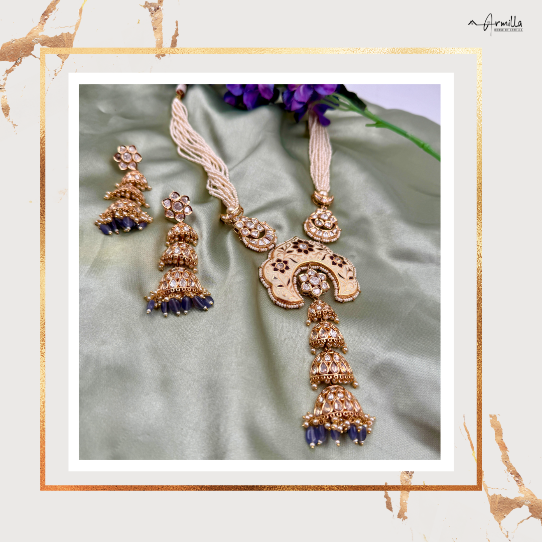 Ethereal Kundan Pearl Long Necklace Set – A Symphony of Grace