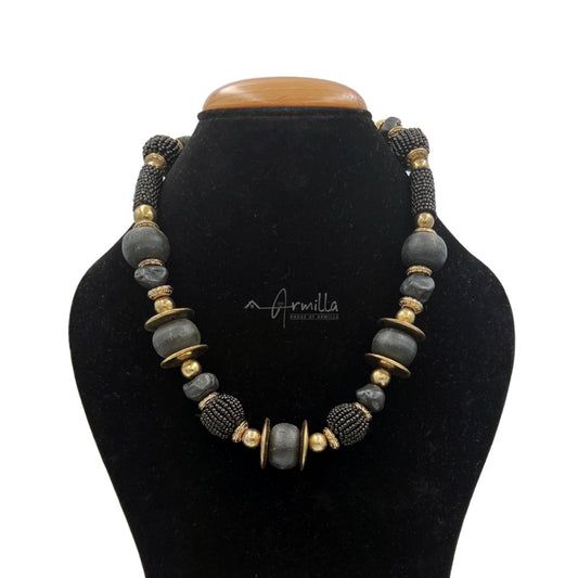 Retro Wooden Beaded Necklace with Gold Metalwork