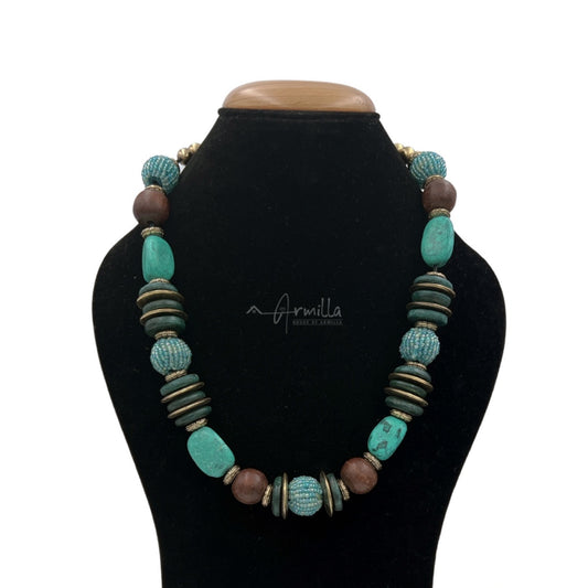 Fabulous Teal Stone And Wood Beaded Necklace