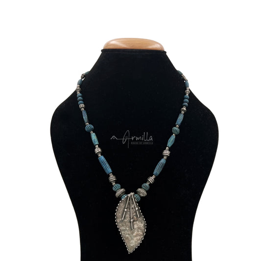 Blue Colored Beaded Necklace with Oxidized Metal Pendant