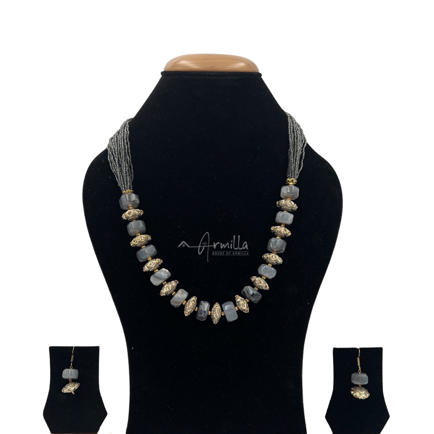 Grey and Gold Stone Beaded Necklace with Earrings