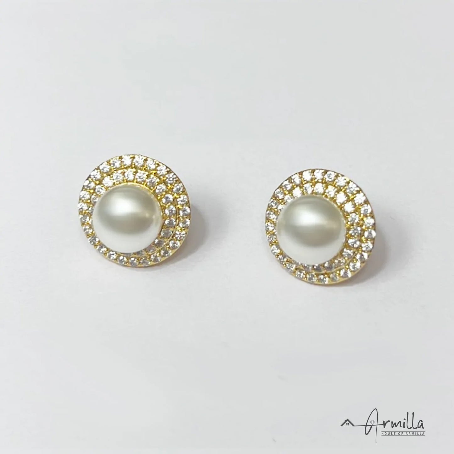 White Pearl Stud Earrings with Gold Toned Border