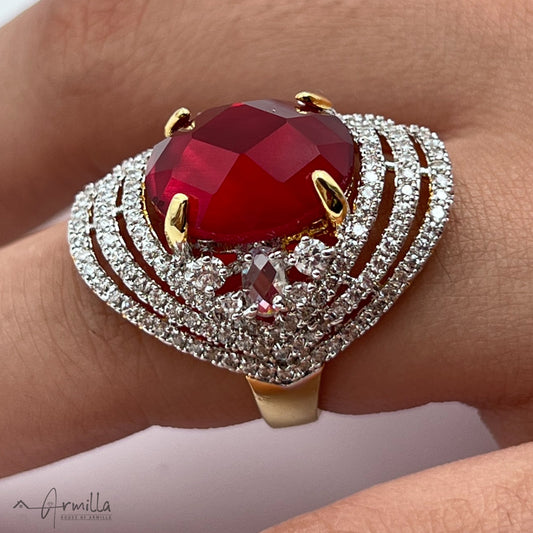 Bold Ruby Red Ring with fine CZ border