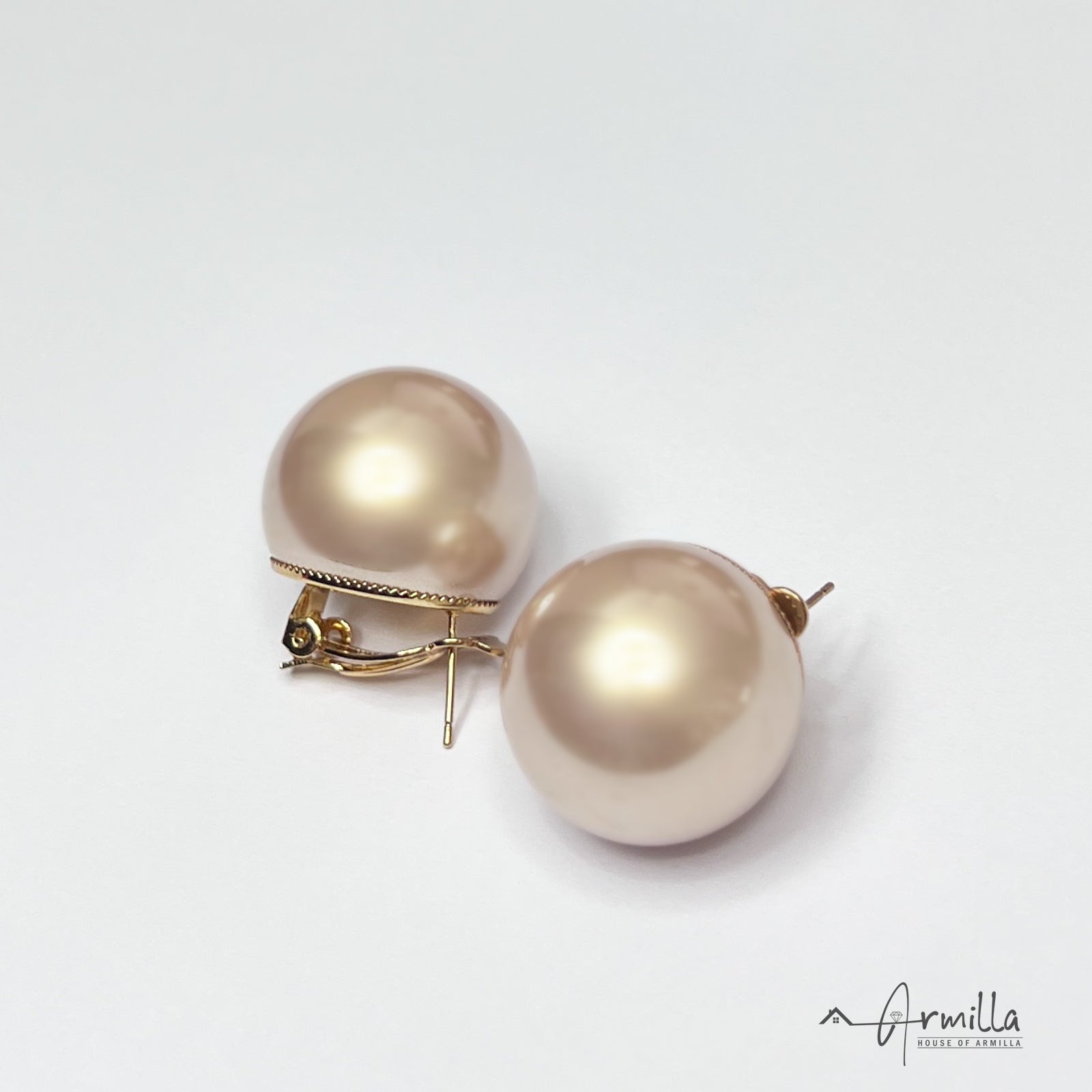 Gold Plated Elegant Big Round Inlay Pearl Stud Earring For Women – Aferando