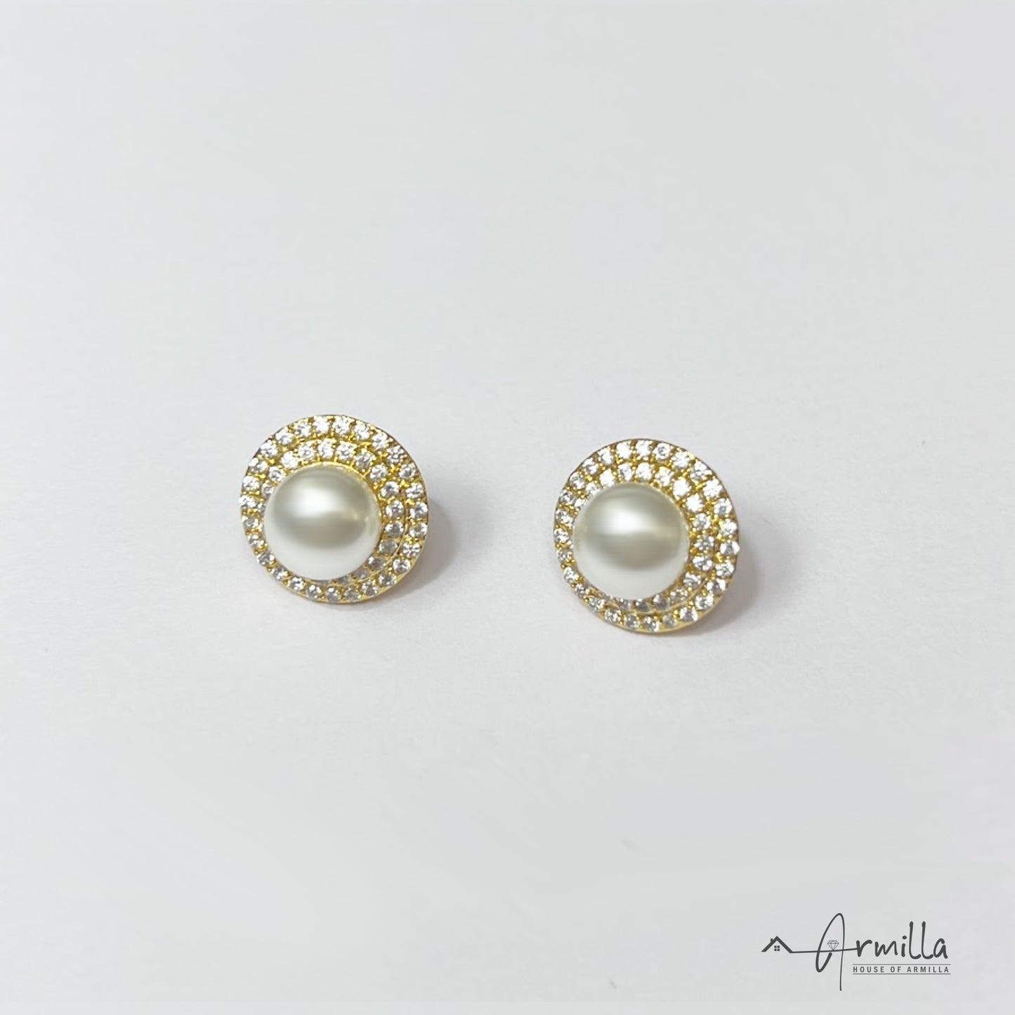 White Pearl Stud Earrings with Gold Toned Border