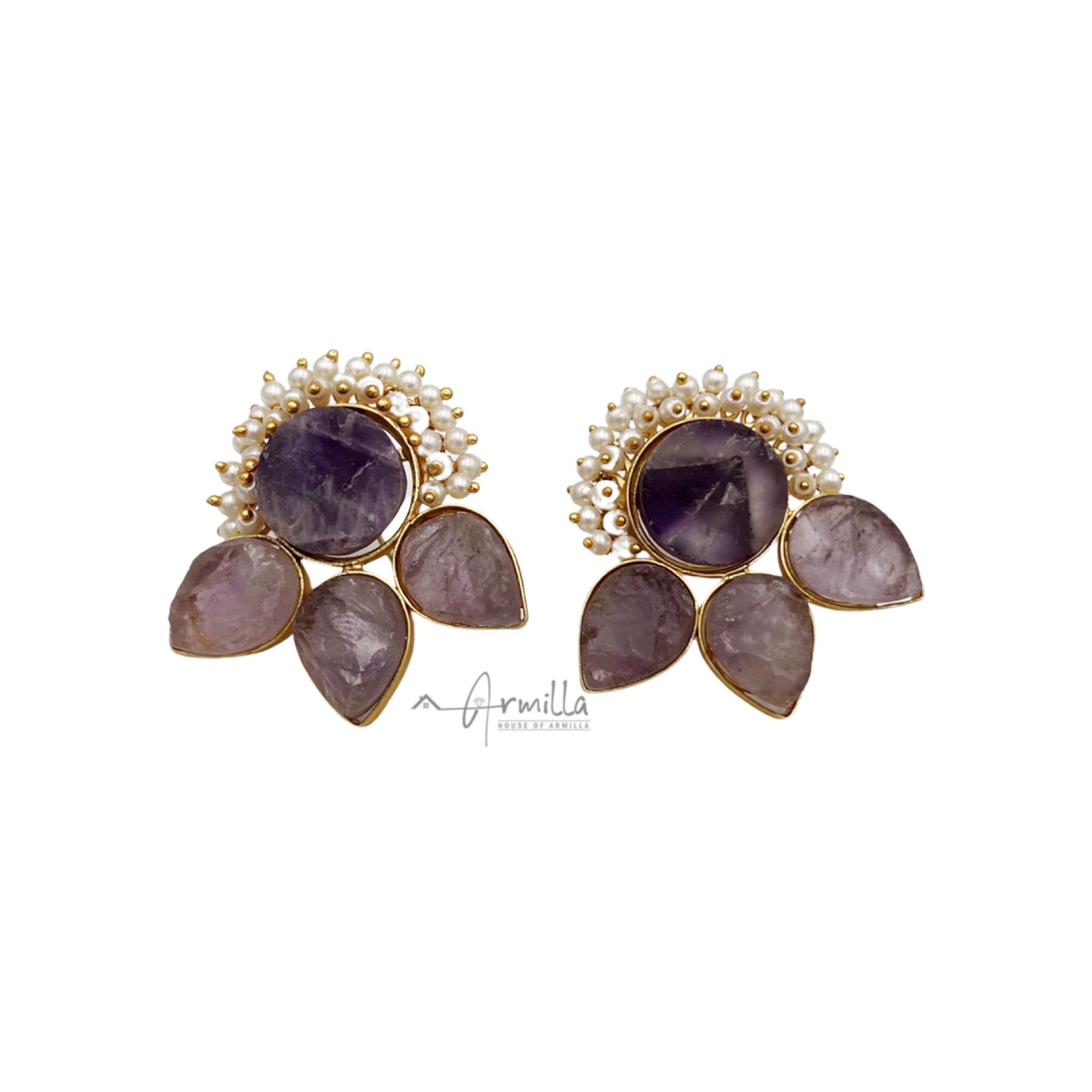 Handcrafted Gold Plated Agate Purple Stones And White Pearls
